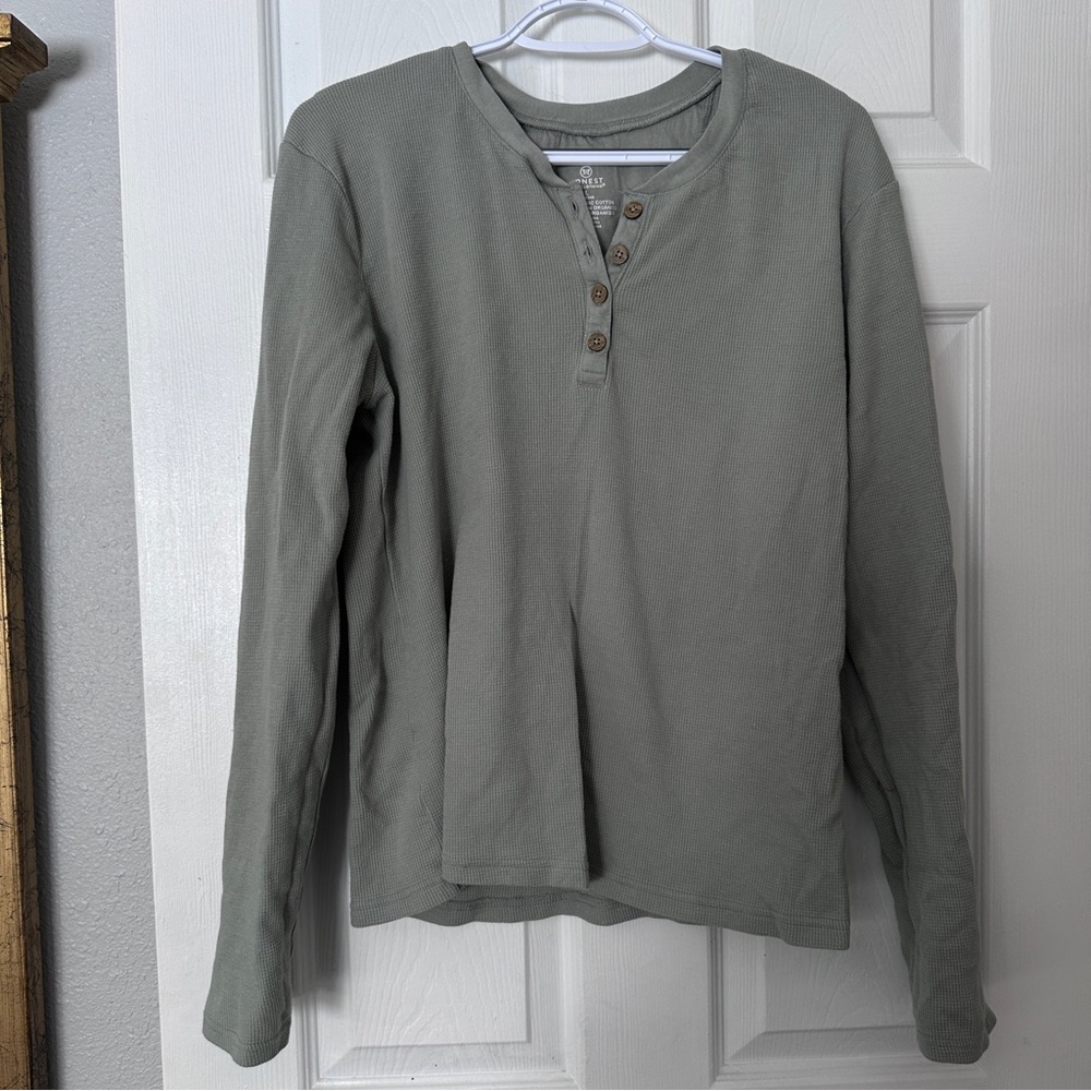 Waffle Henley Long Sleeve Top - Sage Green